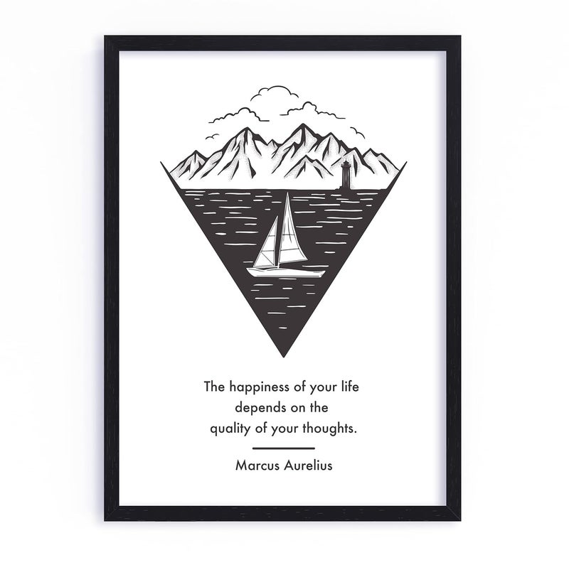 QUOTE - UNQUOTE ART QUOTE UNQUOTE ART Marcus Aurelius Happiness Quote Stoicism Stylish Wall Decor For Living Room And Bedroom Framed Wall Art For Office Motivational Poster 13x17 inches Black Frame - Image 1