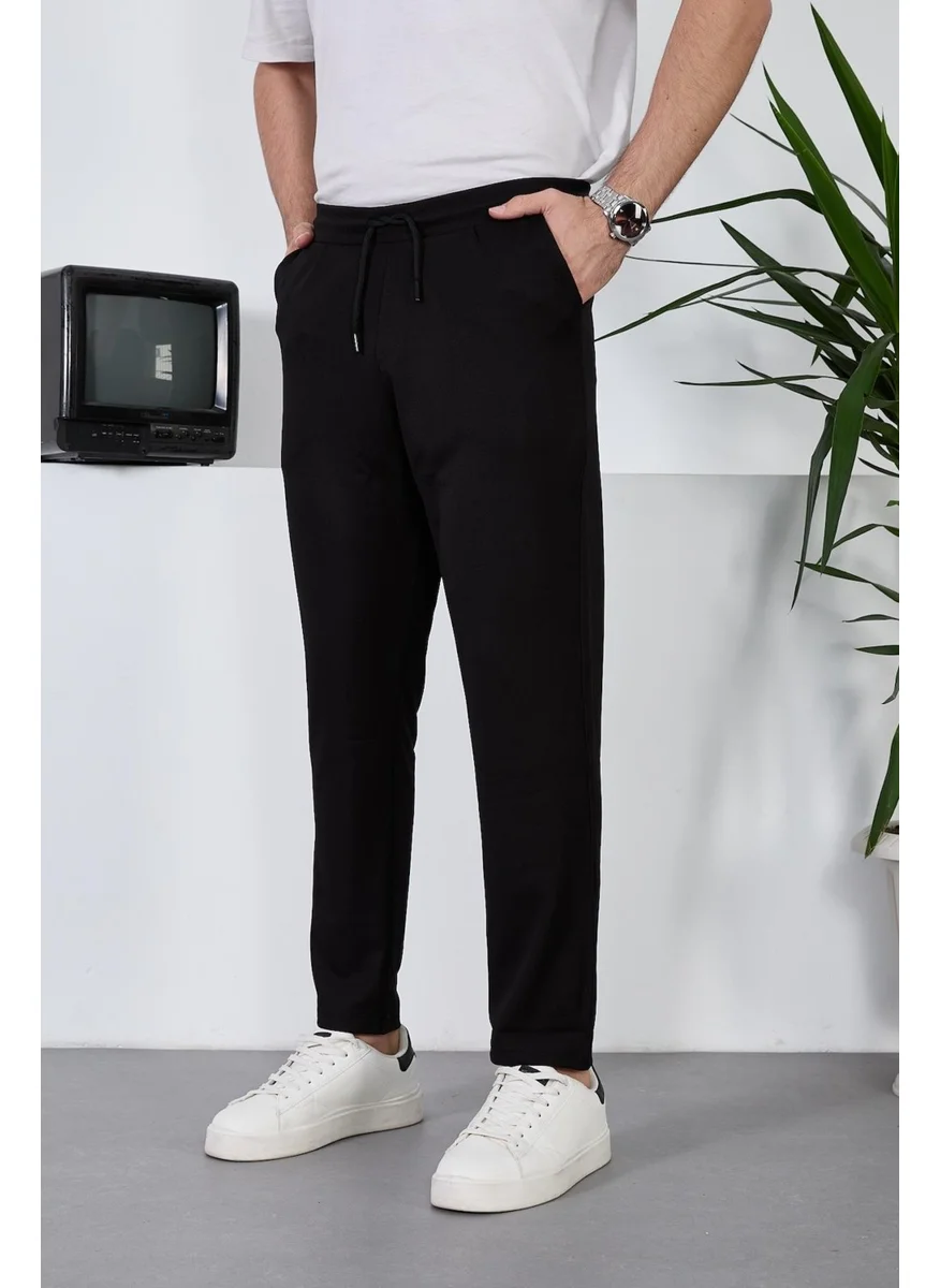 Valiberta Diagonal Textured Elastic Waist Lycra Trousers - Black