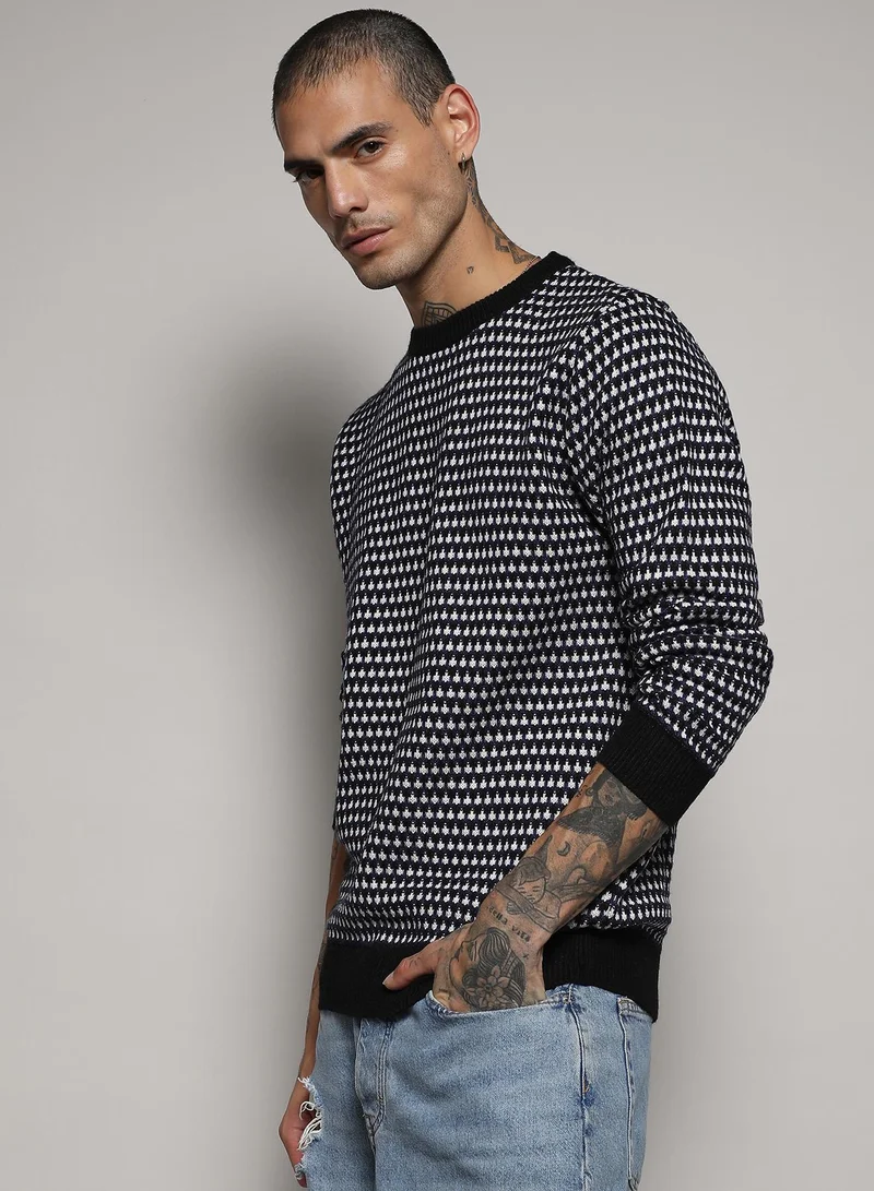 Campus Sutra Men's Black & White Contrast Textured Knit Sweater For Casual Wear | Crew Neck | Long Sleeve | Pull On Closure | Acrylic Blend Sweater Crafted With Comfort Fit For Everyday Wear
