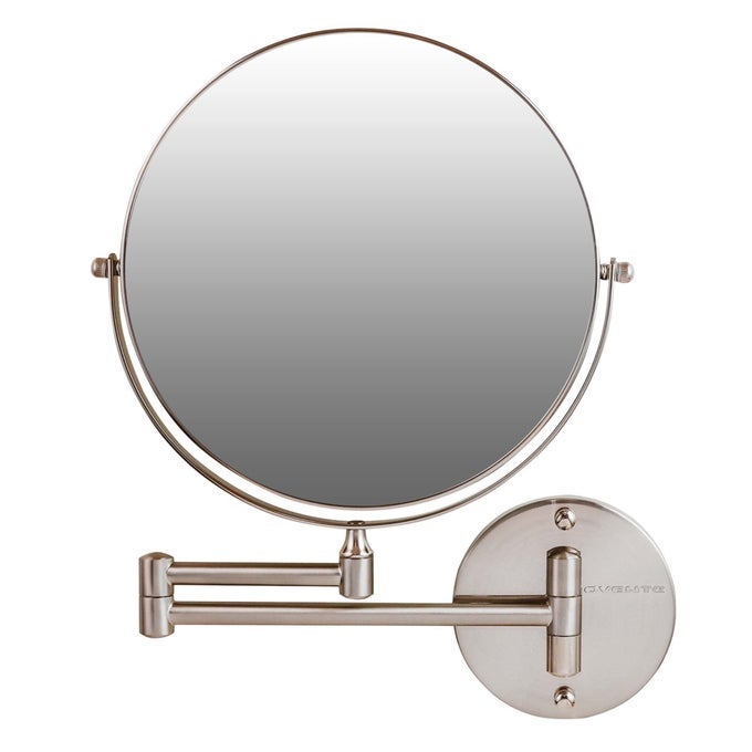 9 WALL MOUNTED MAKEUP MIRROR WITH 1X7X MAGNIFICATION DOUBLE SIDED MAGNIFYING ROUND BATHROOM VANITY MIRROR 360 SWIVEL DESIGN EXTENDABLE AND FOLDING ARM NICKEL BRUSHED MNLFW90BR1X7X