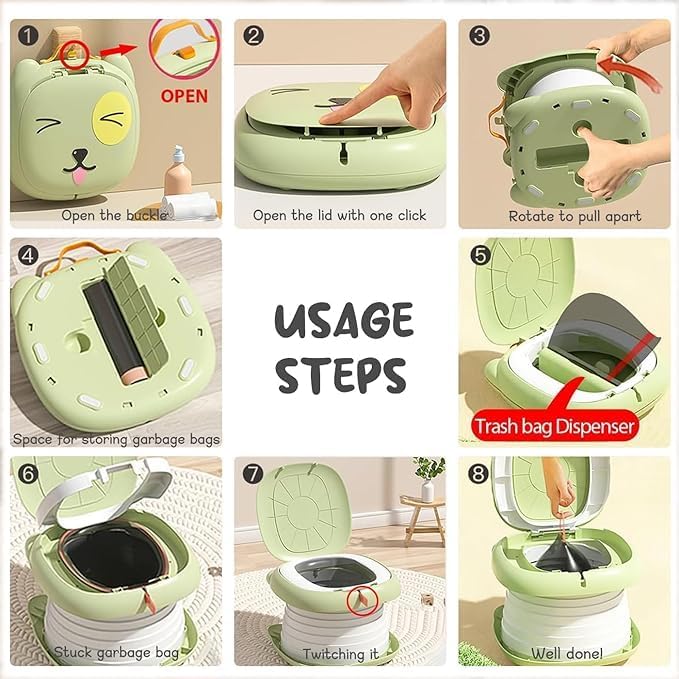 Turtees® 3-in-1 Portable Travel Potty for Toddlers - Foldable Training Toilet Seat (Green) - Image 5