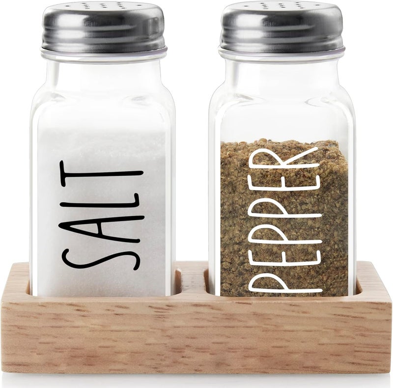 dopeca Glass Salt and Pepper Shakers with Holder - Clear Salt and Pepper Set with Wood Caddy for Kitchen Counter or Table - Kitchen Decor and Accessories for Wedding Gifts - Easy Refilling-2.7 oz - Image 1