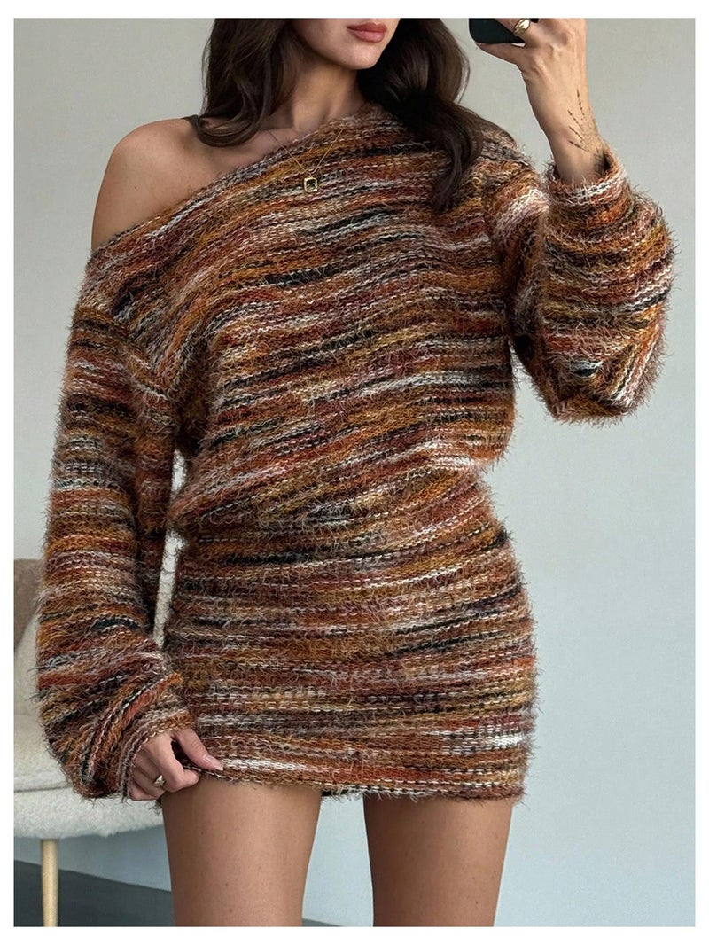 SHENHE Women's Fuzzy Marled Knit Sweater Dress Asymmetrical Neck Long Sleeve Mini Dresses Brown Large - Image 3