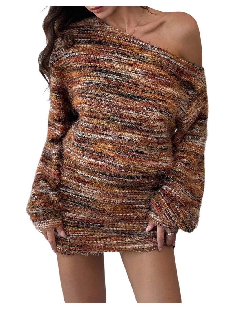 SHENHE Women's Fuzzy Marled Knit Sweater Dress Asymmetrical Neck Long Sleeve Mini Dresses Brown Large - Image 1