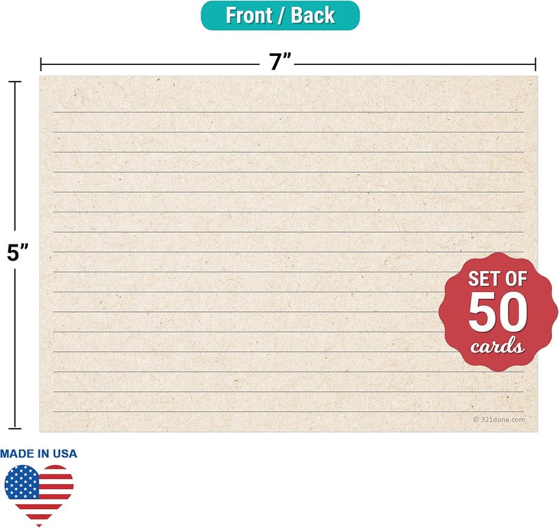 321Done Jumbo Rustic Index Cards - Made in USA - Large Size 5x7 Horizontal (Set of 50), Kraft Tan College-Ruled Lined Notecards Double-Sided, Thick Heavy Duty Cardstock, Simple Note Cards Lines, XL - Image 2