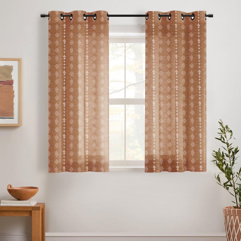 Lino Rosa 54 Inch Length Sheer Curtains,Boho Floral Linen Semi Light Filtering Curtains for Bedroom Living Room Kitchen Window 2 Panels Set - Image 1