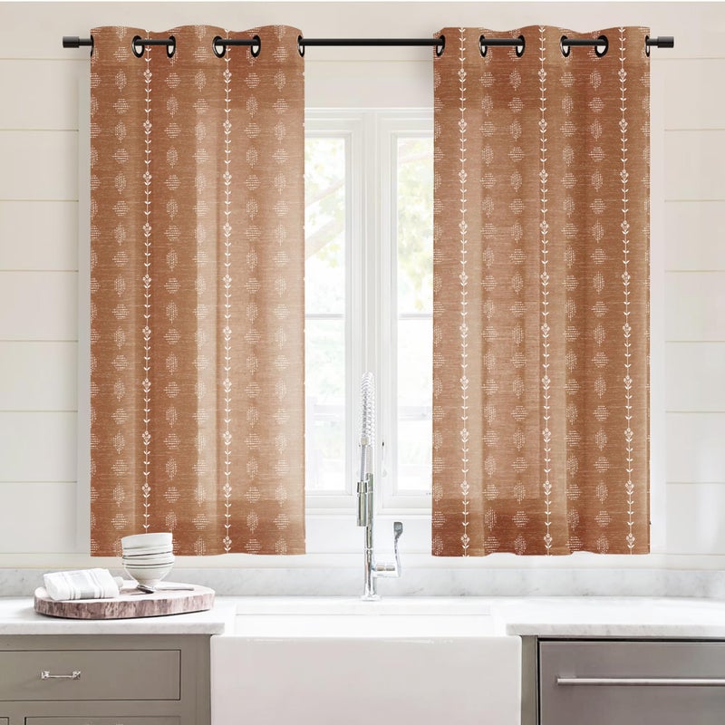 Lino Rosa 54 Inch Length Sheer Curtains,Boho Floral Linen Semi Light Filtering Curtains for Bedroom Living Room Kitchen Window 2 Panels Set - Image 3