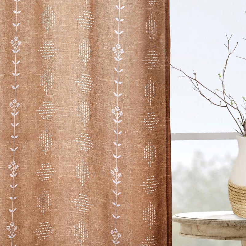 Lino Rosa 54 Inch Length Sheer Curtains,Boho Floral Linen Semi Light Filtering Curtains for Bedroom Living Room Kitchen Window 2 Panels Set - Image 2