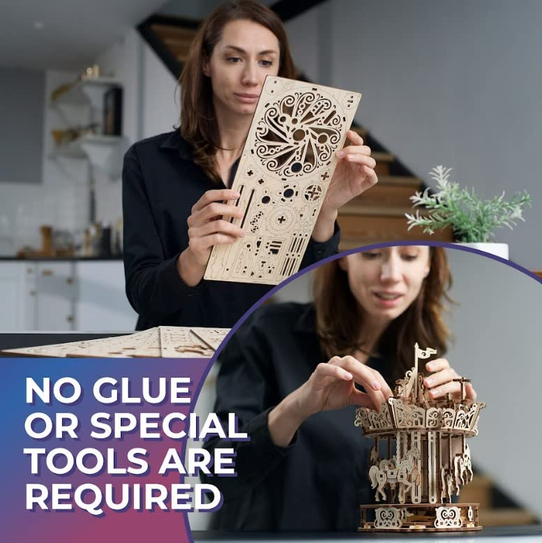 UGEARS Carousel 3D Wooden Puzzles for Adults Mechanical 3D Model SelfAssembling Craft DIY Kit Adult 3D Puzzle Gift Wooden Model Kits for Adults - Image 5