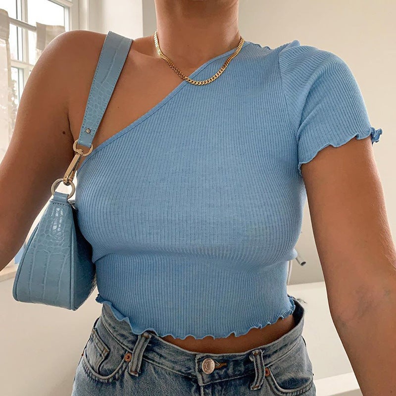 New 2020 Europe and America wish Best Selling Navel Top Oblique Collar Cross Sports T-shirt for Women - Image 2