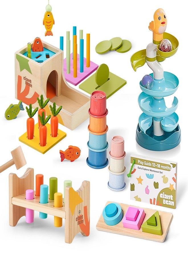 Giant bean 8-in-1 Wooden Montessori Toys Set Learning Toys for Baby 12-18 Month with Object Permanence Box, Senser Ball Roll Tower, Hammer, Fishing Carrot, Shape Sorting Stacking Cup for Kids 1+ - Image 1