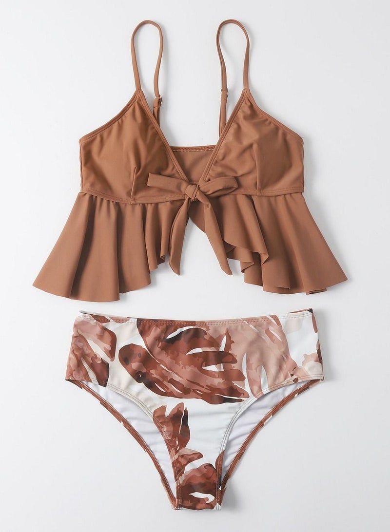 Loquat Printed High Waist Bikini Swimwear Brown - Image 2