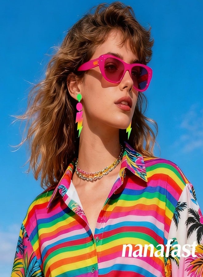 Nanafast 80S Neon Earrings Lightning Bolt Dangle Earrings for Women, 80s Accessories for Women Colorful Gradient Neon Jewelry-A - Image 2