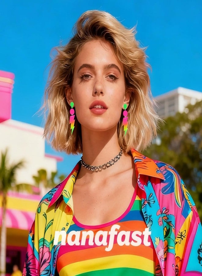 Nanafast 80S Neon Earrings Lightning Bolt Dangle Earrings for Women, 80s Accessories for Women Colorful Gradient Neon Jewelry-A - Image 3