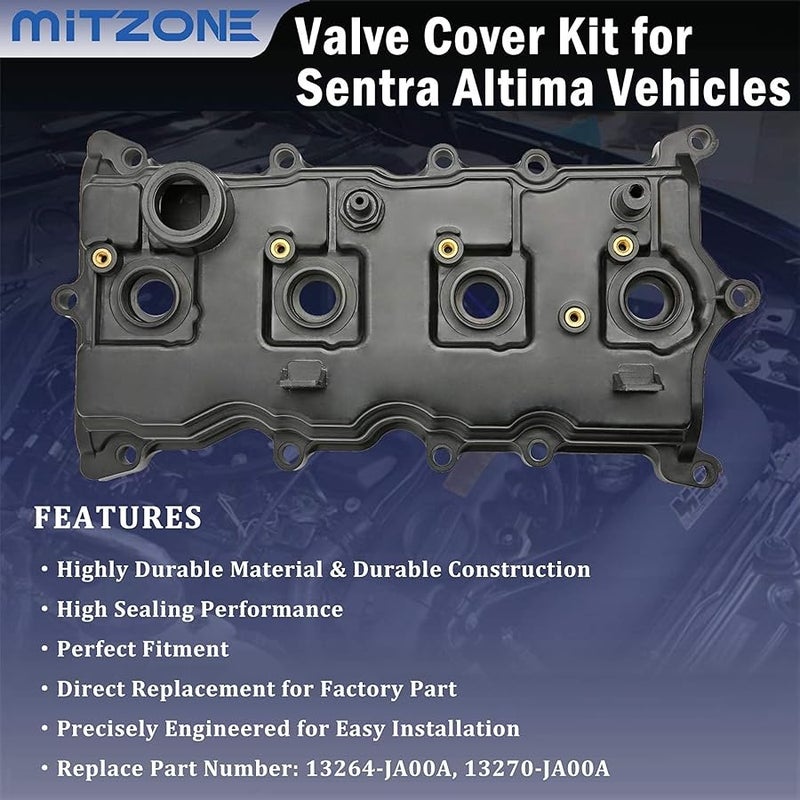 MITZONE ميتزون غطاء صمام المحرك مع حشية وبراغي وغطاء زيت متوافق مع سيارات نيسان التيما وسينترا SE-R 2.5 لتر 2007-2013 الجزء رقم 13264-JA00A 13270-JA00A - Image 2