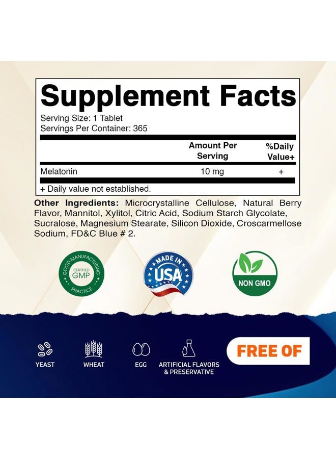 Vitamatic Melatonin 10 mg Tablets | Vegetarian, Non-GMO, Gluten-Free | 1-Year Supply | Natural Berry Flavor - 365 Tablets - Image 2