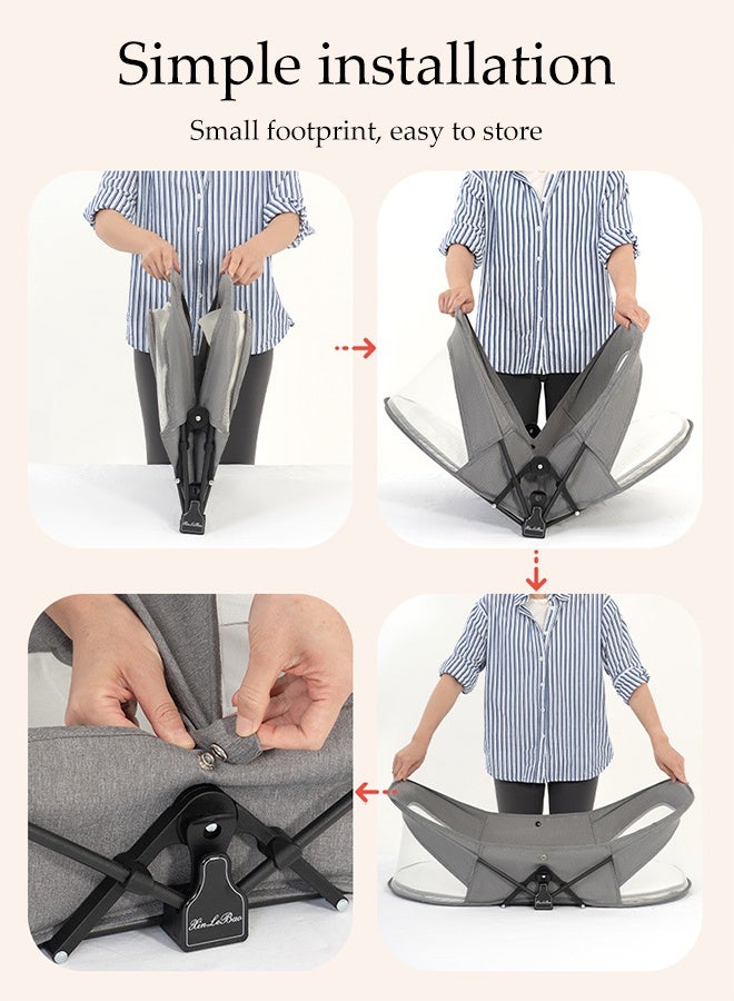 DUNISO سرير أطفال قابل للطي، سرير سفر قابل للطي للمواليد، سرير نوم متحرك للرضع مع شبكة ناموسية ومرتبة وحقيبة تخزين، ناعم ومريح، موفر للمساحة، للسفر الخارجي، رمادي - Image 5