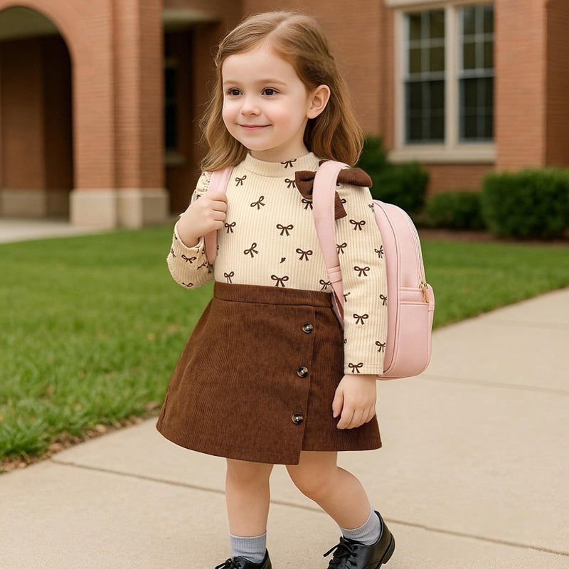 TITKKOP Toddler Girl Plaid Outfits Fall Winter Dress Knit Ribbed Bow Sweatshirt Tops and Button Fashion Skirts Setï¼ˆbrown+corduroy,2T - Image 3
