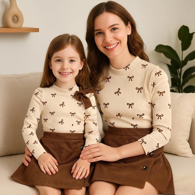 TITKKOP Toddler Girl Plaid Outfits Fall Winter Dress Knit Ribbed Bow Sweatshirt Tops and Button Fashion Skirts Setï¼ˆbrown+corduroy,2T - Image 4