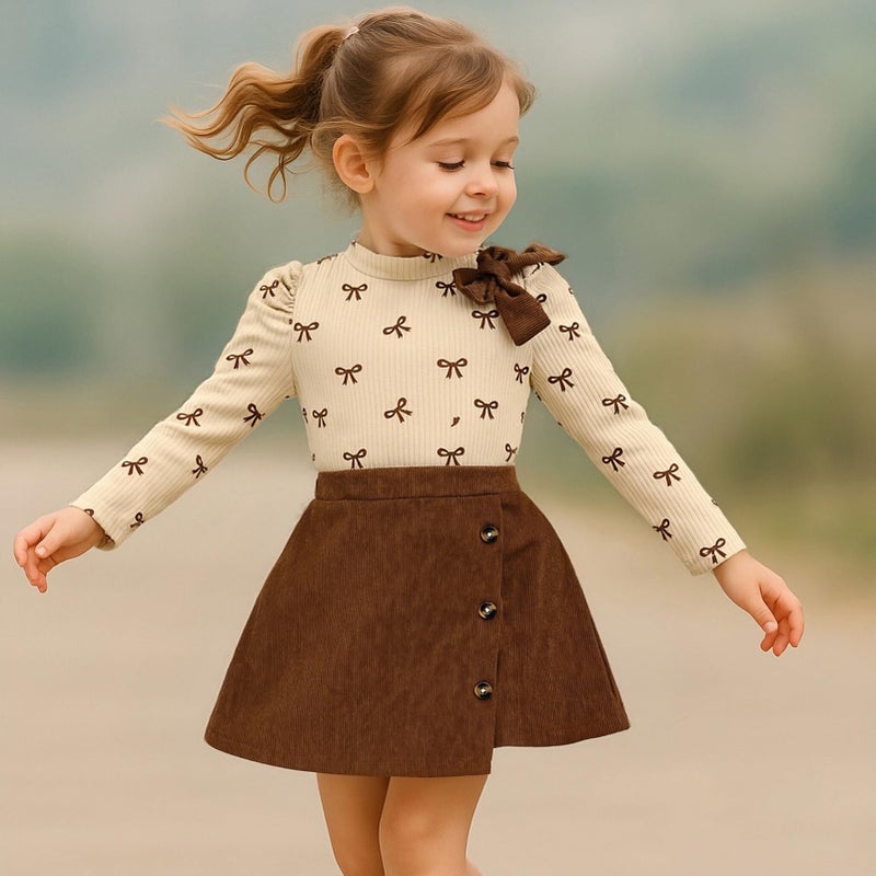 TITKKOP Toddler Girl Plaid Outfits Fall Winter Dress Knit Ribbed Bow Sweatshirt Tops and Button Fashion Skirts Setï¼ˆbrown+corduroy,2T - Image 2