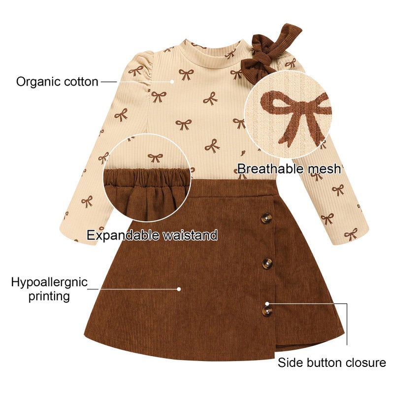 TITKKOP Toddler Girl Plaid Outfits Fall Winter Dress Knit Ribbed Bow Sweatshirt Tops and Button Fashion Skirts Setï¼ˆbrown+corduroy,2T - Image 5