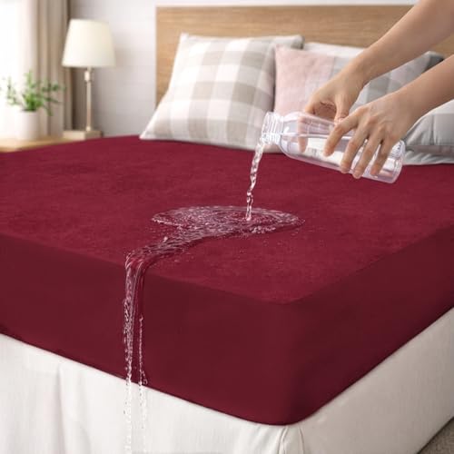 Sassoon | Waterproof Mattress Protector Double Bed | Mattress Cover King Size 78x72| Bed Protector King Size| Bed Cover |Elastic Fitted Cotton Hypoallergenic | Mattress Cover | (Maroon) - Laika - Image 1