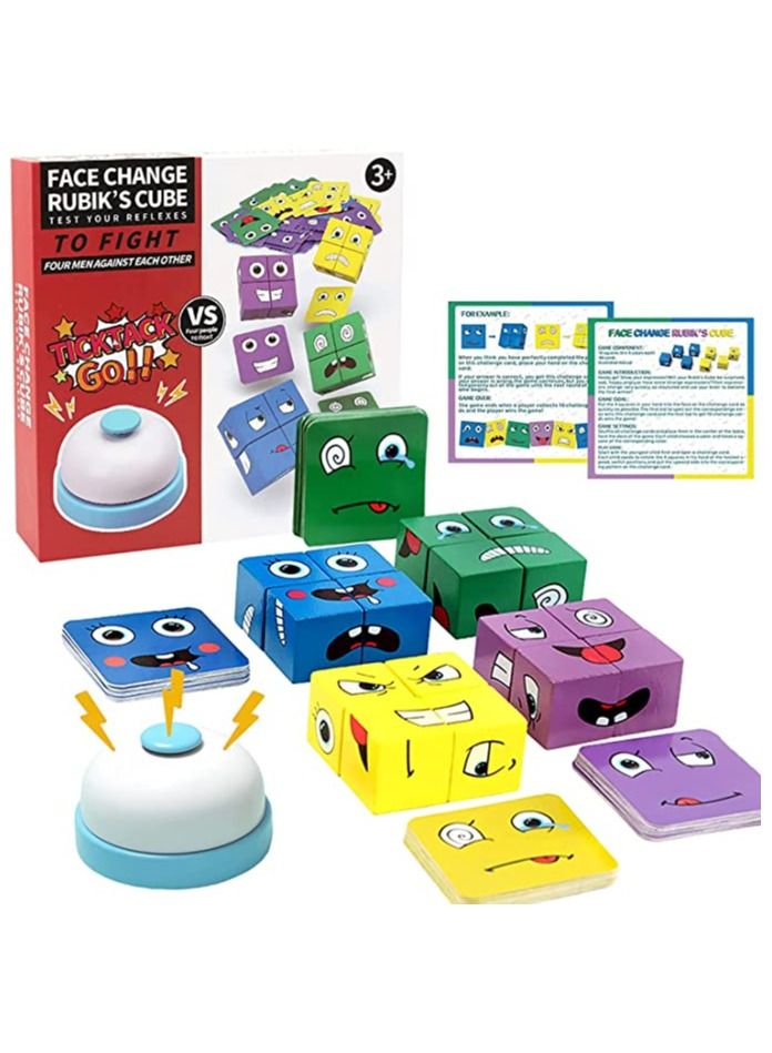 NIBEMINENT Expressions Matching Wooden Blocks Toy, Face Changing Magic CubeEducational Puzzle Games,Cube Building Block Toy with bell,4 people PK  - Image 1
