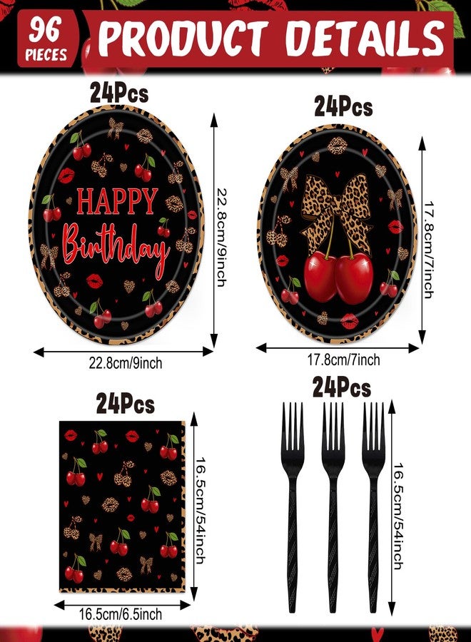 Aposwow Cheetah and Cherry Birthday Decorations - 96 PCS Cheetah Print Cherry Plates Napkins Black Forks Tableware, Girls Women Birthdays Leopard Disposable Party Supplies Serves 24 - Image 2