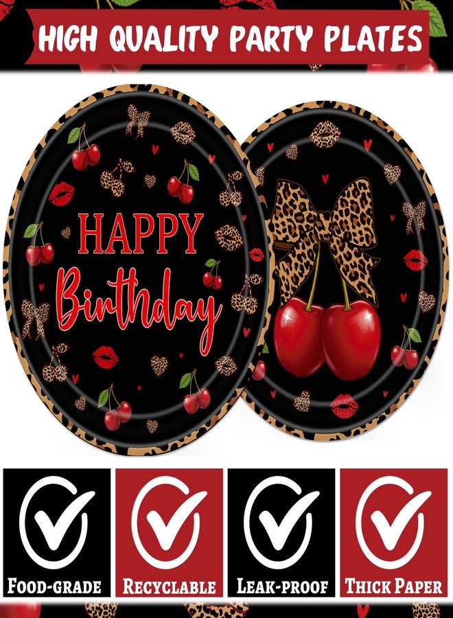 Aposwow Cheetah and Cherry Birthday Decorations - 96 PCS Cheetah Print Cherry Plates Napkins Black Forks Tableware, Girls Women Birthdays Leopard Disposable Party Supplies Serves 24 - Image 3