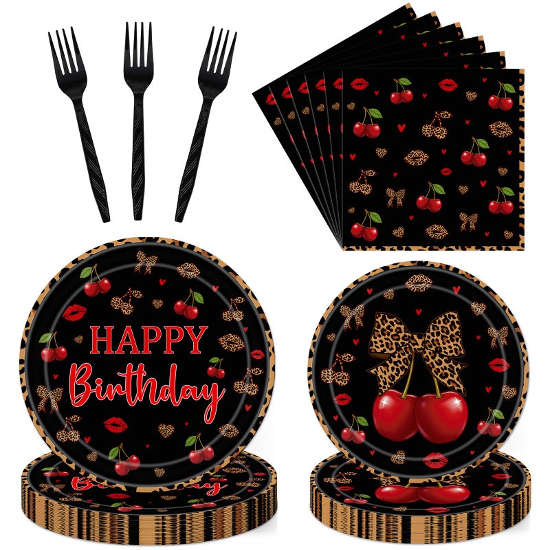 Aposwow Cheetah and Cherry Birthday Decorations - 96 PCS Cheetah Print Cherry Plates Napkins Black Forks Tableware, Girls Women Birthdays Leopard Disposable Party Supplies Serves 24 - Image 1