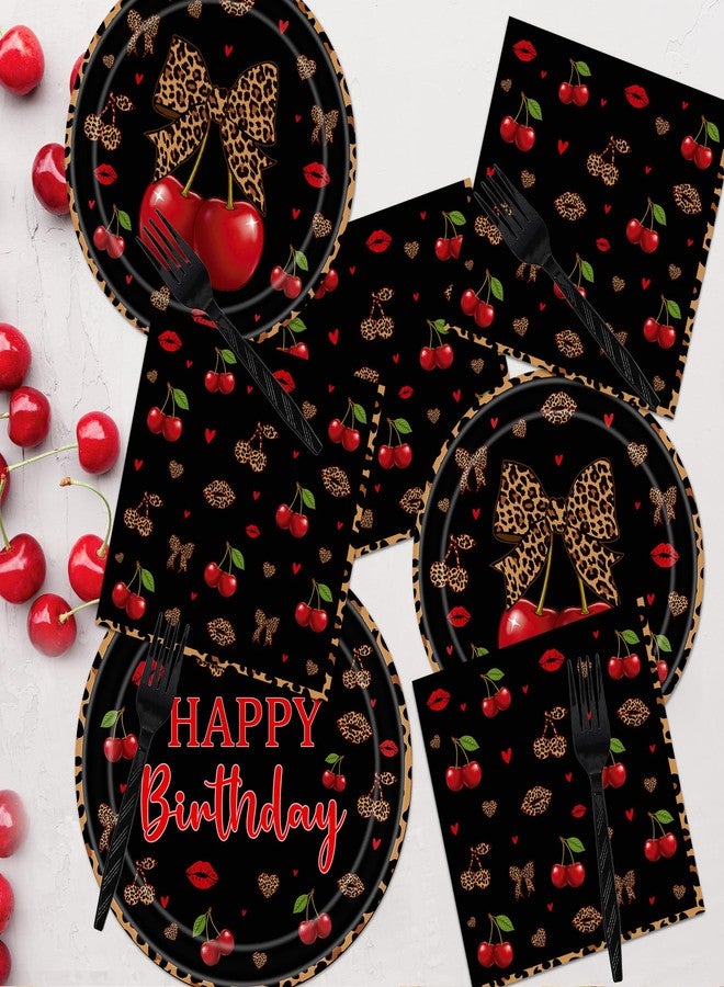 Aposwow Cheetah and Cherry Birthday Decorations - 96 PCS Cheetah Print Cherry Plates Napkins Black Forks Tableware, Girls Women Birthdays Leopard Disposable Party Supplies Serves 24 - Image 5