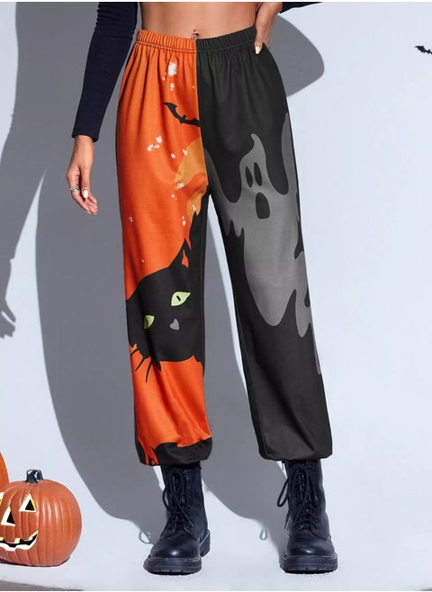 Halloween Cat And Ghost Print Color Block Sweatpants