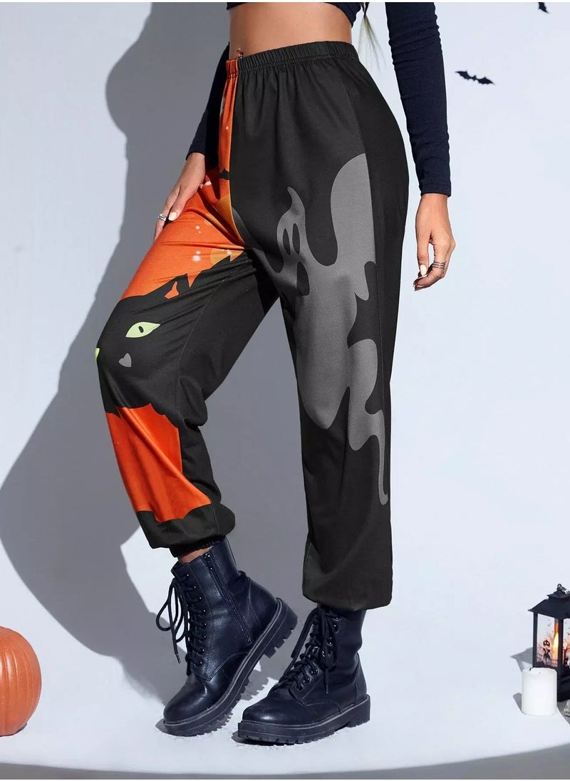 Halloween Cat And Ghost Print Color Block Sweatpants