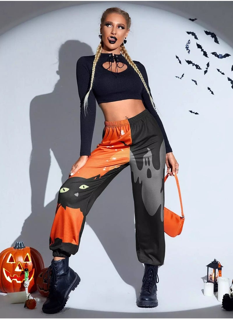 Halloween Cat And Ghost Print Color Block Sweatpants