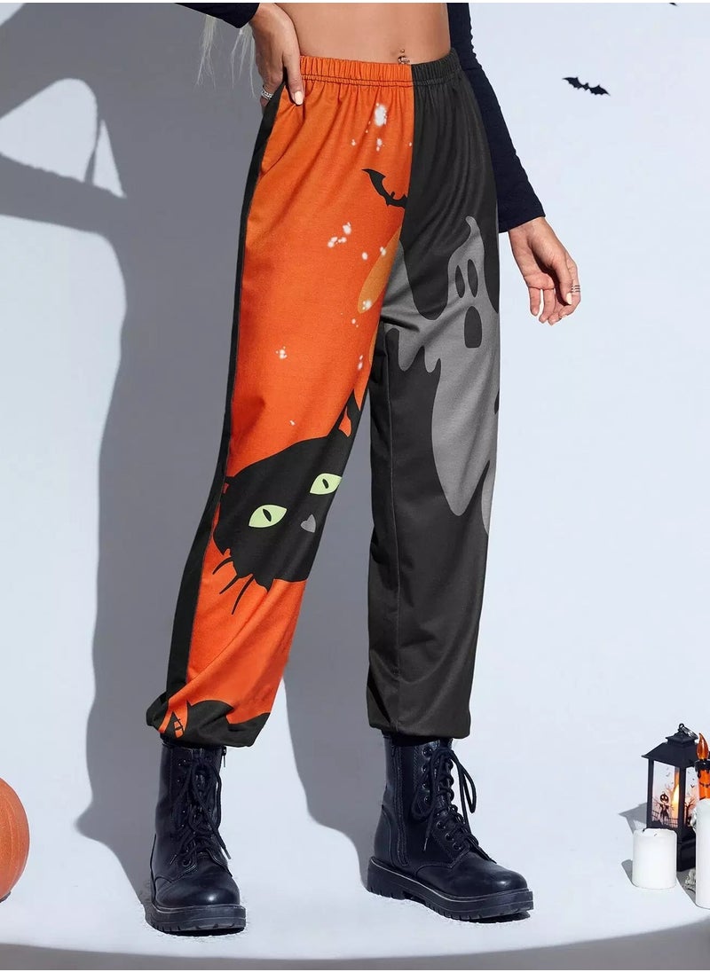 Halloween Cat And Ghost Print Color Block Sweatpants