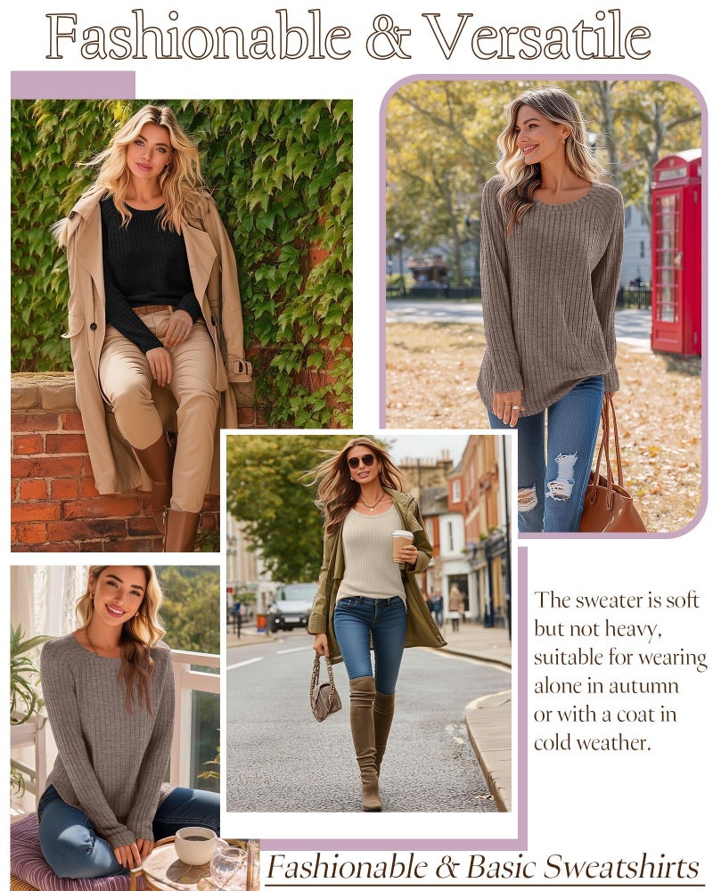 Ficerd 3 Pack Women's Curved Hem Long Sleeve Sweaters, Side Split Crew Neck Tunic Tops Loose Fit Shirts Basic Pullover(Black, Apricot, Coffee,L) - Image 4