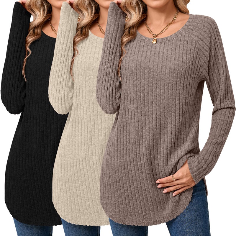 Ficerd 3 Pack Women's Curved Hem Long Sleeve Sweaters, Side Split Crew Neck Tunic Tops Loose Fit Shirts Basic Pullover(Black, Apricot, Coffee,L) - Image 1