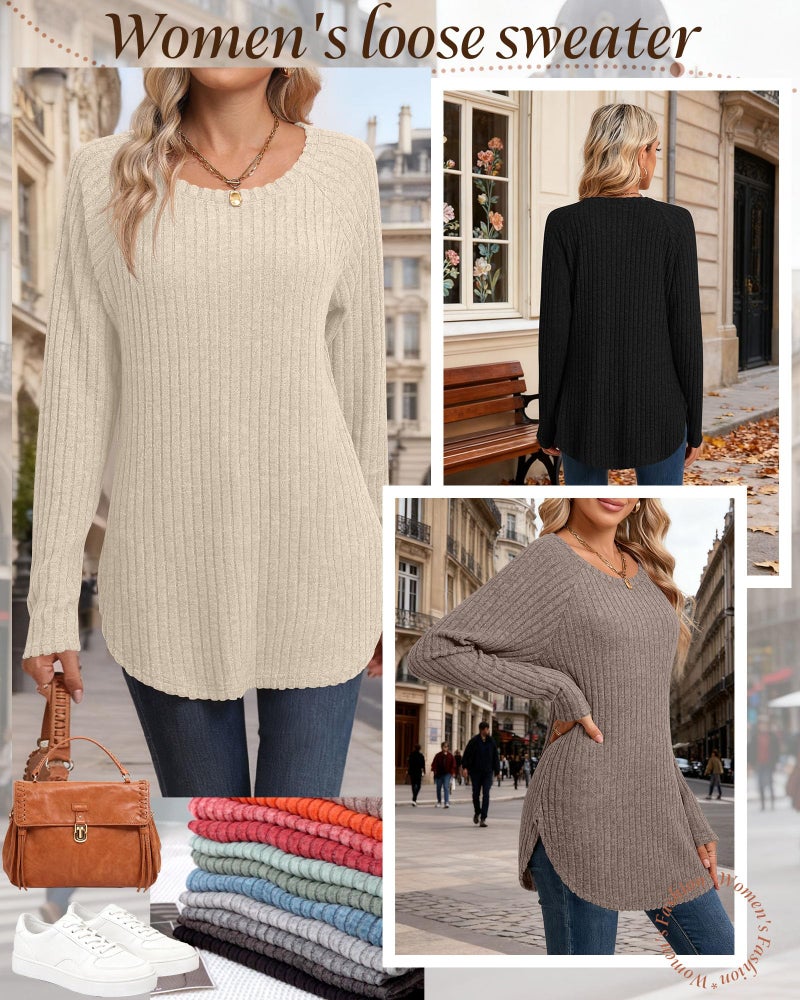 Ficerd 3 Pack Women's Curved Hem Long Sleeve Sweaters, Side Split Crew Neck Tunic Tops Loose Fit Shirts Basic Pullover(Black, Apricot, Coffee,L) - Image 5