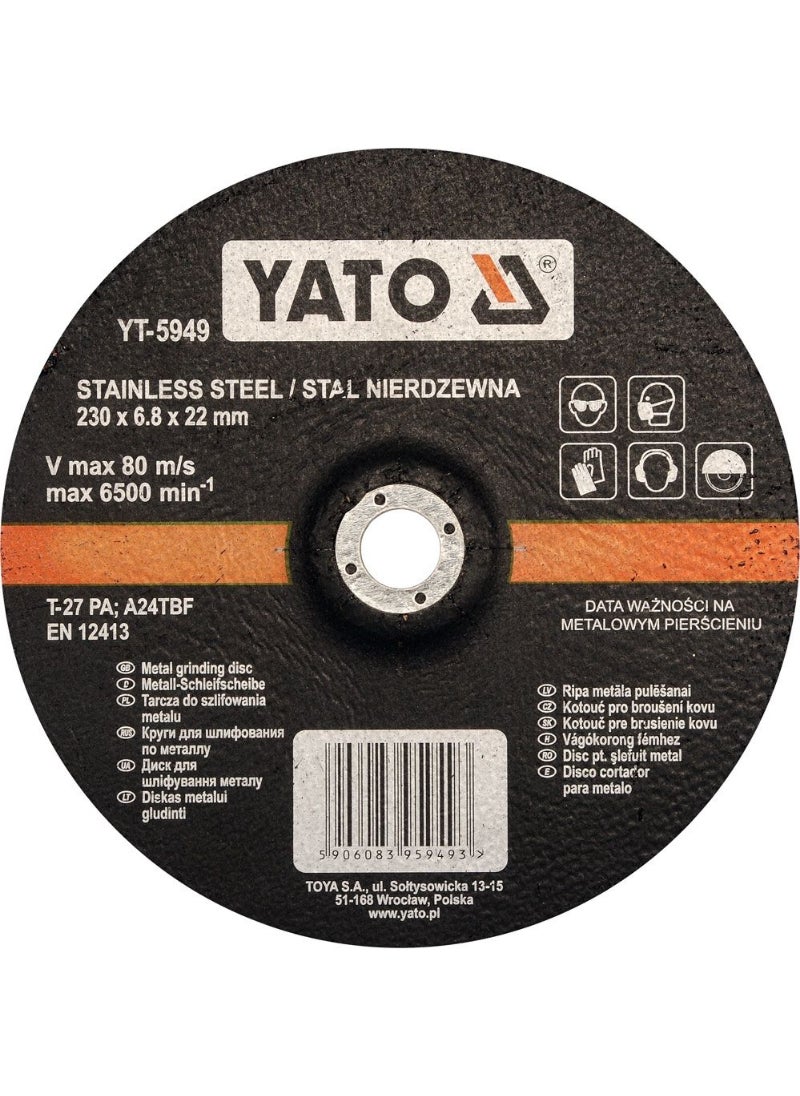 Yato YATO Inox Metal Grinding Disc 230x6.8x22mm Depressed Center  YT-5949 