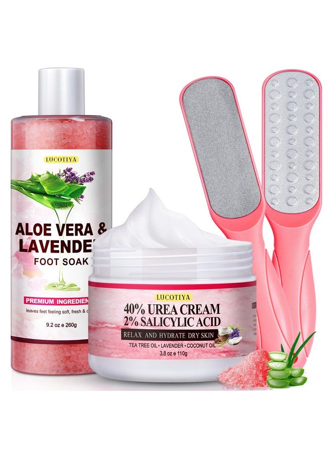LUCOTIYA Foot Soak Set Pedicure Kit Foot Spa Callus Remover for Feet Cuticle Remover Foot File for Dead Skin Pink Salt Urea Cream for Feet Aloe Lavender Pedicure Supplies Dry Cracked Feet for Women Men - Image 1