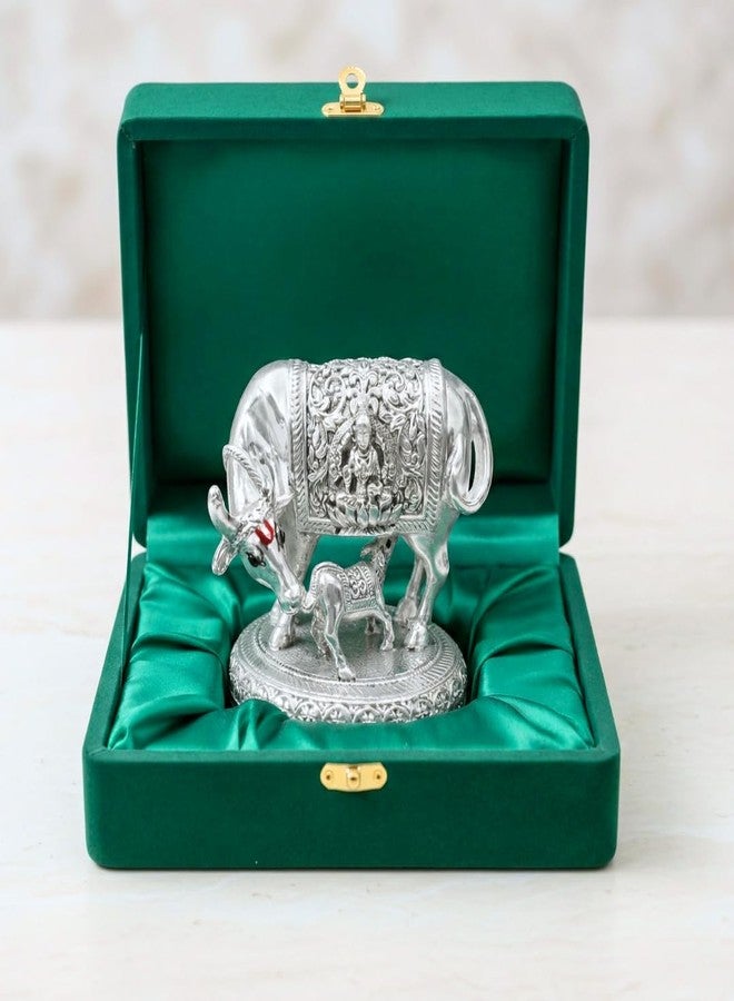 Dev Aastha Silver Plated Kamdhenu Cow Idol | Vastu Home Decor for Pooja Room & Mandir | Ideal Religious & Spiritual Gift | 2.5 inch - Image 1