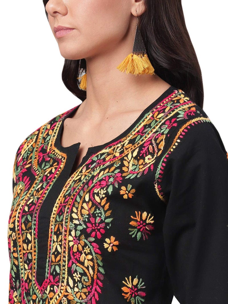 Ada Lucknowi Chikankari Hand Embroidered Straight Black Cotton Regular Fit Kurta Kurti Tunic for Women A188048 (M) - Image 5