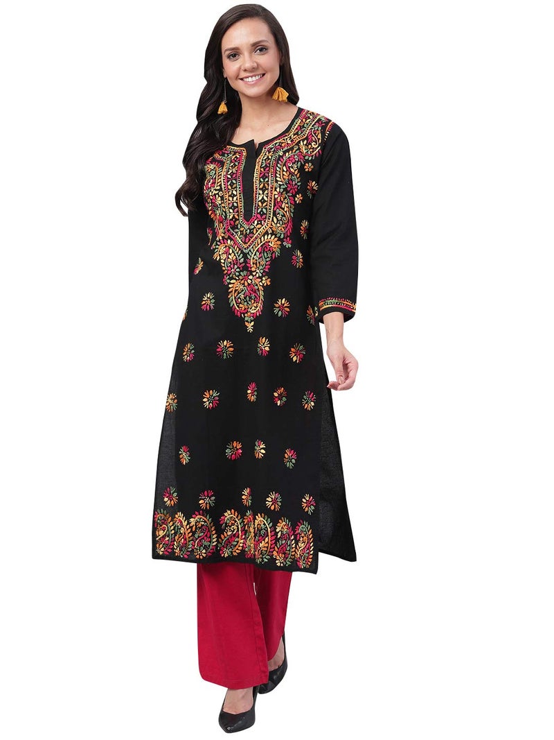 Ada Lucknowi Chikankari Hand Embroidered Straight Black Cotton Regular Fit Kurta Kurti Tunic for Women A188048 (M) - Image 1