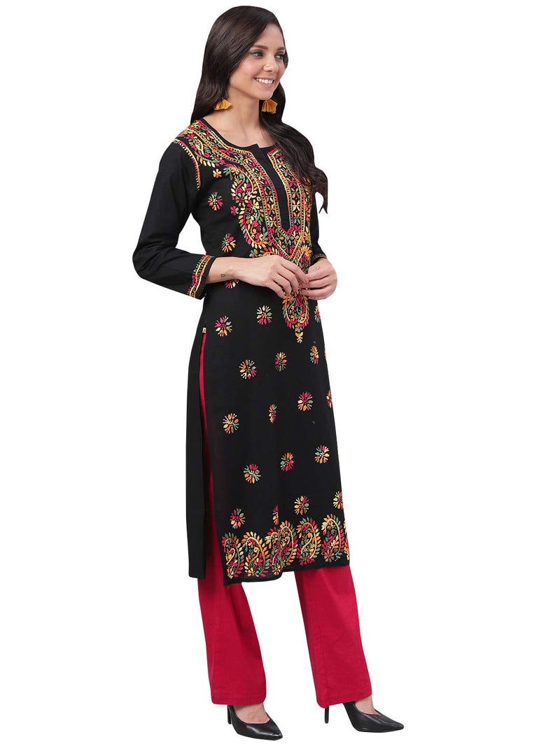 Ada Lucknowi Chikankari Hand Embroidered Straight Black Cotton Regular Fit Kurta Kurti Tunic for Women A188048 (M) - Image 4