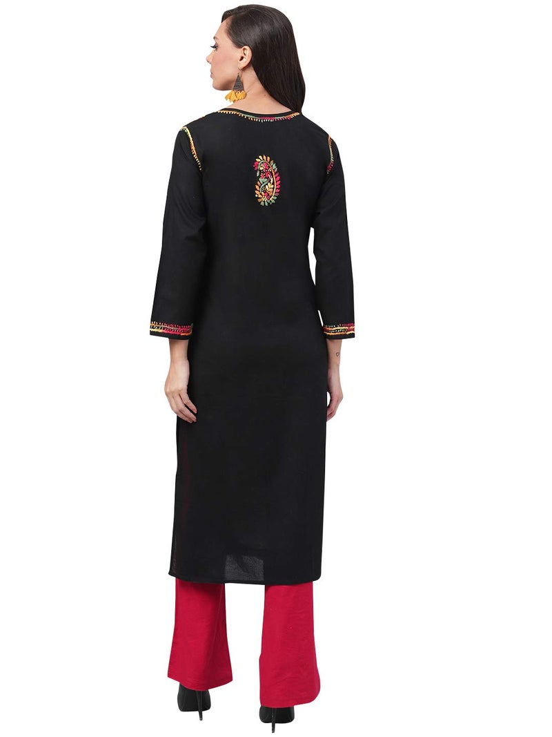 Ada Lucknowi Chikankari Hand Embroidered Straight Black Cotton Regular Fit Kurta Kurti Tunic for Women A188048 (M) - Image 2