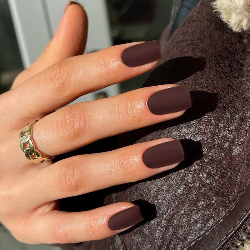 KQueenest Matte Maroon Brown Press on Nails Short Square, Acrylic Nails Press ons Natural Fake Nails Short Coffin Pure Color Soft Gel Glue on Nails for Women Fall Winter in 24 Pcs - Image 1