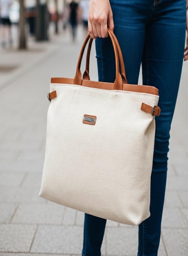 STRUTT STELLA Tote Bag for Women | Leather & Canvas Travelling Tote Bag & Handbag | Large Shoulder & Hand Carry Tote for Office, Travel & Daily Use | Brown & White - Image 2