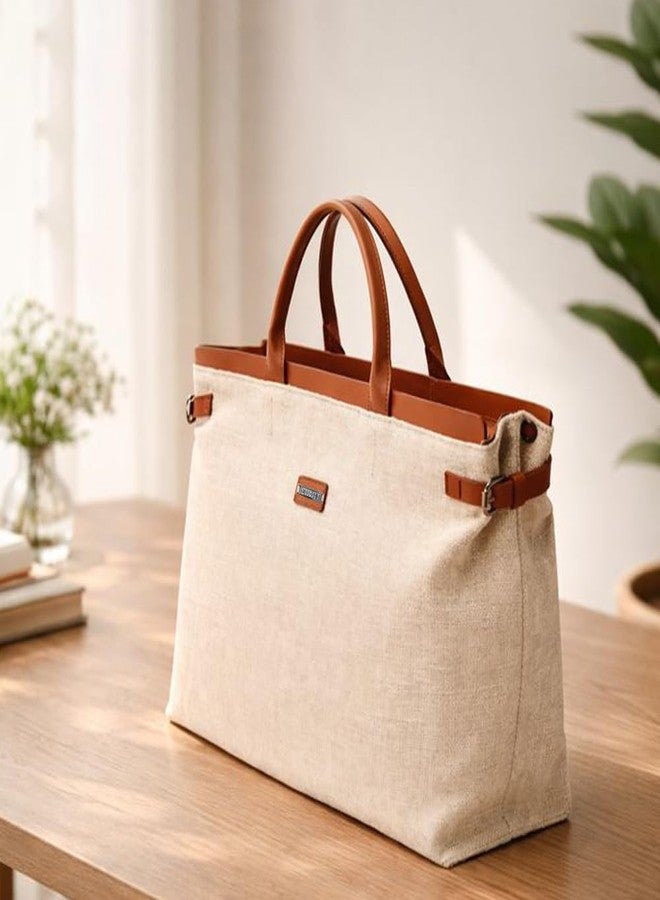 STRUTT STELLA Tote Bag for Women | Leather & Canvas Travelling Tote Bag & Handbag | Large Shoulder & Hand Carry Tote for Office, Travel & Daily Use | Brown & White - Image 3