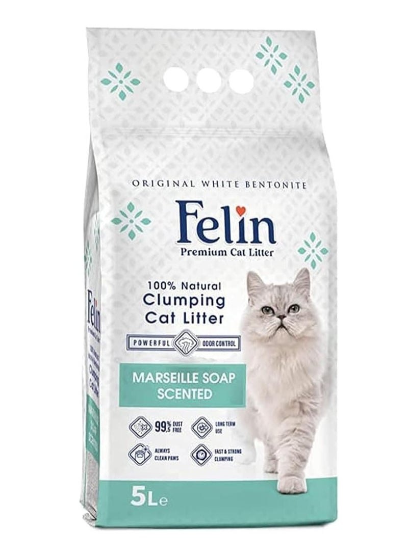 Teo Premium Pet Supplies Felin Cat Litter Clumping 100% Natural Bentonite Clumping 99.5% Dust Free Forever Fresh Pet Friendly Fighting with Odors Marseille Soap Scented 5 L - Image 1