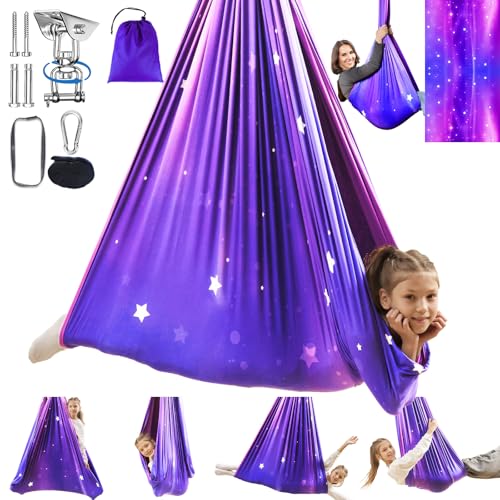 WUBOTIYU Sensory Swing for Kids Indoor Outdoor Double Layer Therapy Cuddle Hammock Chair with 360 Swivel Hanger Kit Adjustable Swing for Child and Adult with Aspergers Autism ADHD Galaxy Purple - Image 1